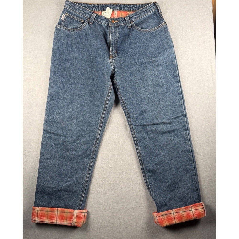 VTG Carhartt Mens Flannel Lined Denim Work Jeans Blue Plaid Straight Leg 32x29